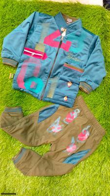 2 Pcs Kid's Stitched Velvet Printed Tracksuit