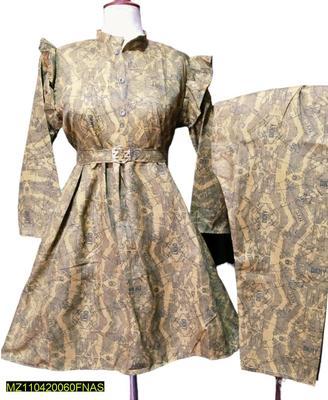 2 Pcs Women's Stitched Cotton Printed Frock And Trouser