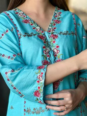 2 Pcs Women's Stitched Cotton Embroidered Shirt And Trouser