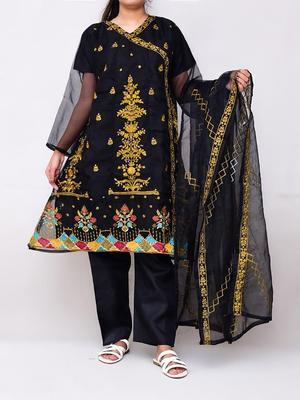 3 Pcs Women's Stitched Organza Embroidered Suit