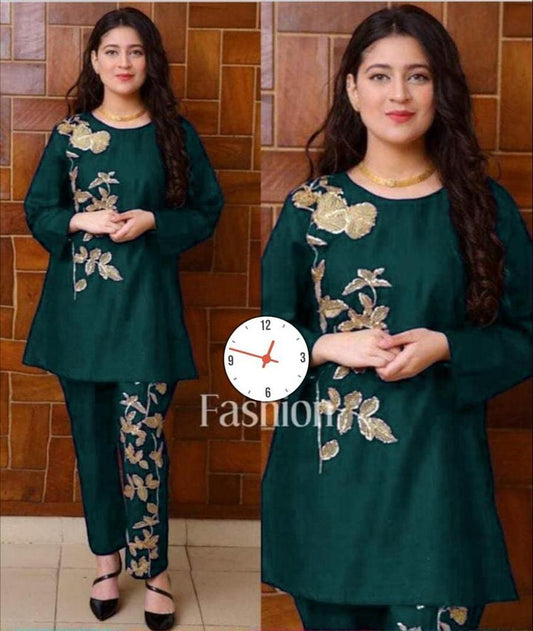 2 Pcs Women's Stitched Linen Zari Tilla Embroidered Shirt And Trouser