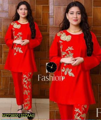 2 Pcs Women's Stitched Linen Zari Tilla Embroidered Shirt And Trouser