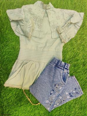 2 Pcs Girl's Cotton Lawn Plain Shirt And Denim Jeans Set