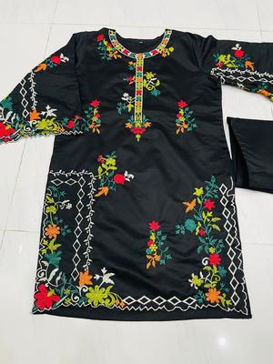 2 Pcs Women's Stitched Khaadi Net Embroidered Shirt And Trouser