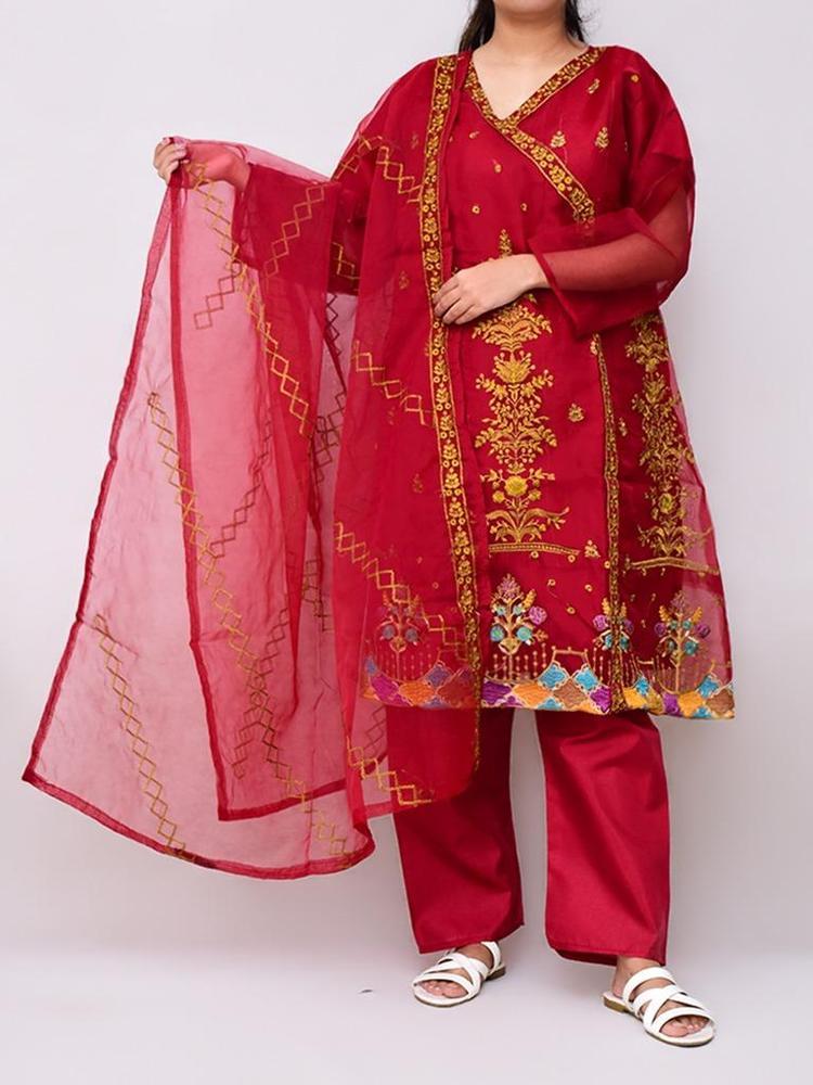 3 Pcs Women's Stitched Organza Embroidered Suit