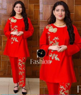 2 Pcs Women's Stitched Linen Zari Tilla Embroidered Shirt And Trouser