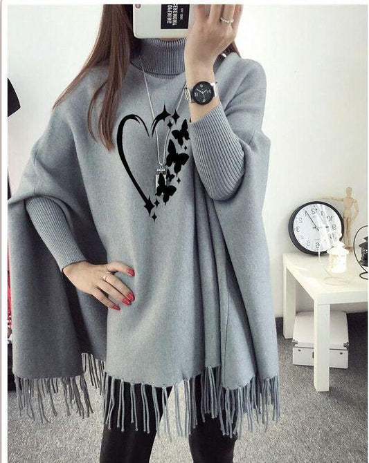 Women's Polyester Heart Printed Poncho Cape Shawl