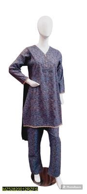 2 Pcs Women's Stitched Cotton Printed Shirt And Trouser