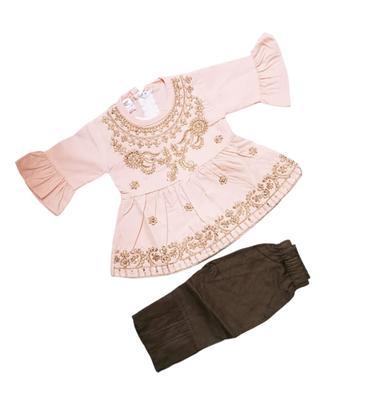 Baby Girl's Cotton Embroidered Frock And Trouser Set