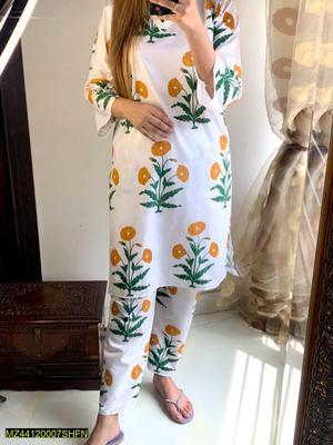 2 Pcs Women's Stitched Arabic Lawn Printed Shirt And Trouser