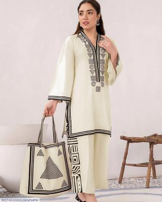 2 Pcs Women's Stitched Arabic Lawn Printed Shirt And Trouser