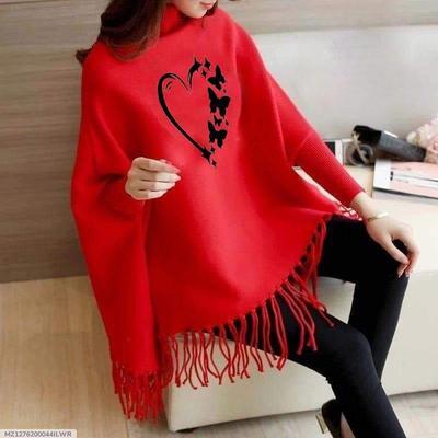 Women's Fleece Heart Printed Poncho Cape Shawl