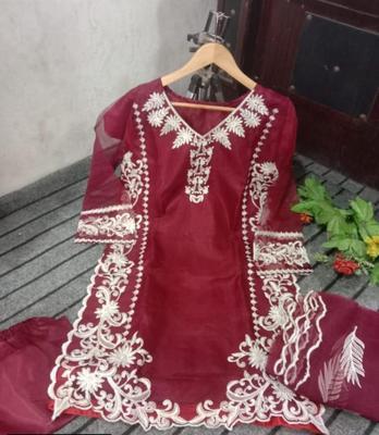 3 Pcs Women's Stitched Organza Embroidered Suit