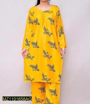 2 Pcs Women's Stitched Linen Printed Suit