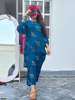 2 Pcs Women's Stitched Linen Printed Suit