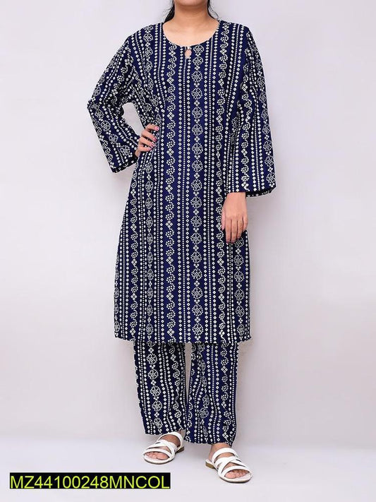 2 Pcs Women's Stitched Linen Printed Suit