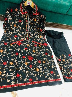 2 Pcs Women's Stitched Katan Silk Embroidered Suit