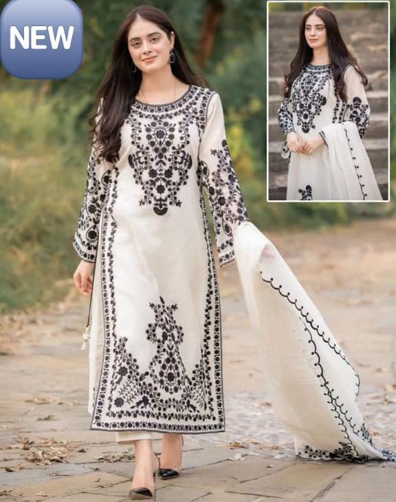 3 Pcs Women's Stitched Organza Embroidered Suit