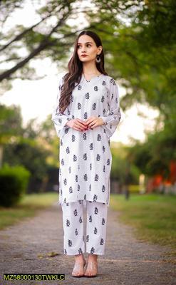 2 Pcs Women's Stitched Linen Printed Suit