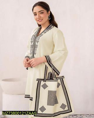 3 Pcs Women's Stitched Linen Printed Suit With Bag