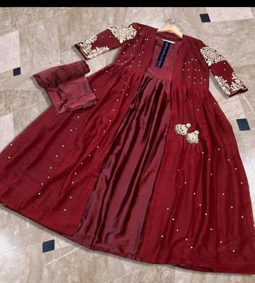 3 Pcs Women's Stitched Shamoz Silk Embroidered Gown Suit