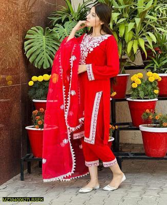 3 Pcs Women's Stitched Organza Embroidered Suit