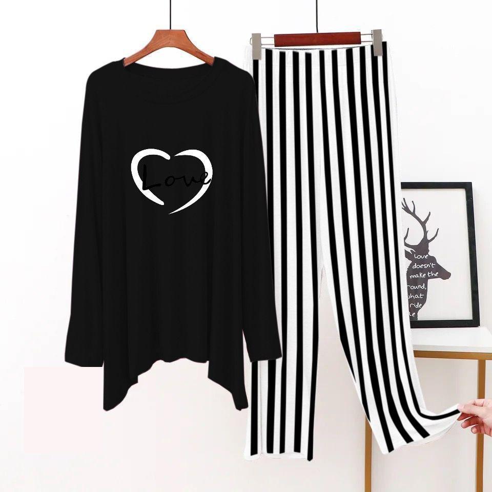 2 Pcs Women's Stitched Jersey Printed Sleepwear, Black Heart