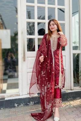 3 Pcs Women's Stitched Organza Embroidered Suit