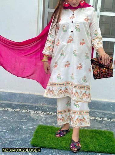 2 Pcs Women's Stitched Linen Printed Suit