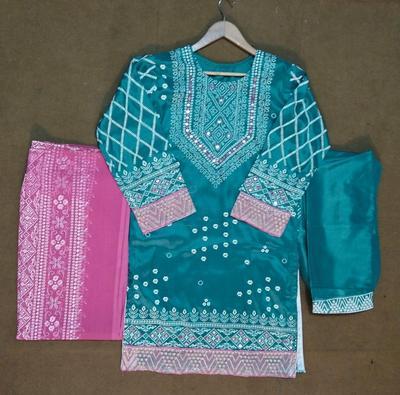 3 Pcs Women's Stitched Silk Embroidered Suit