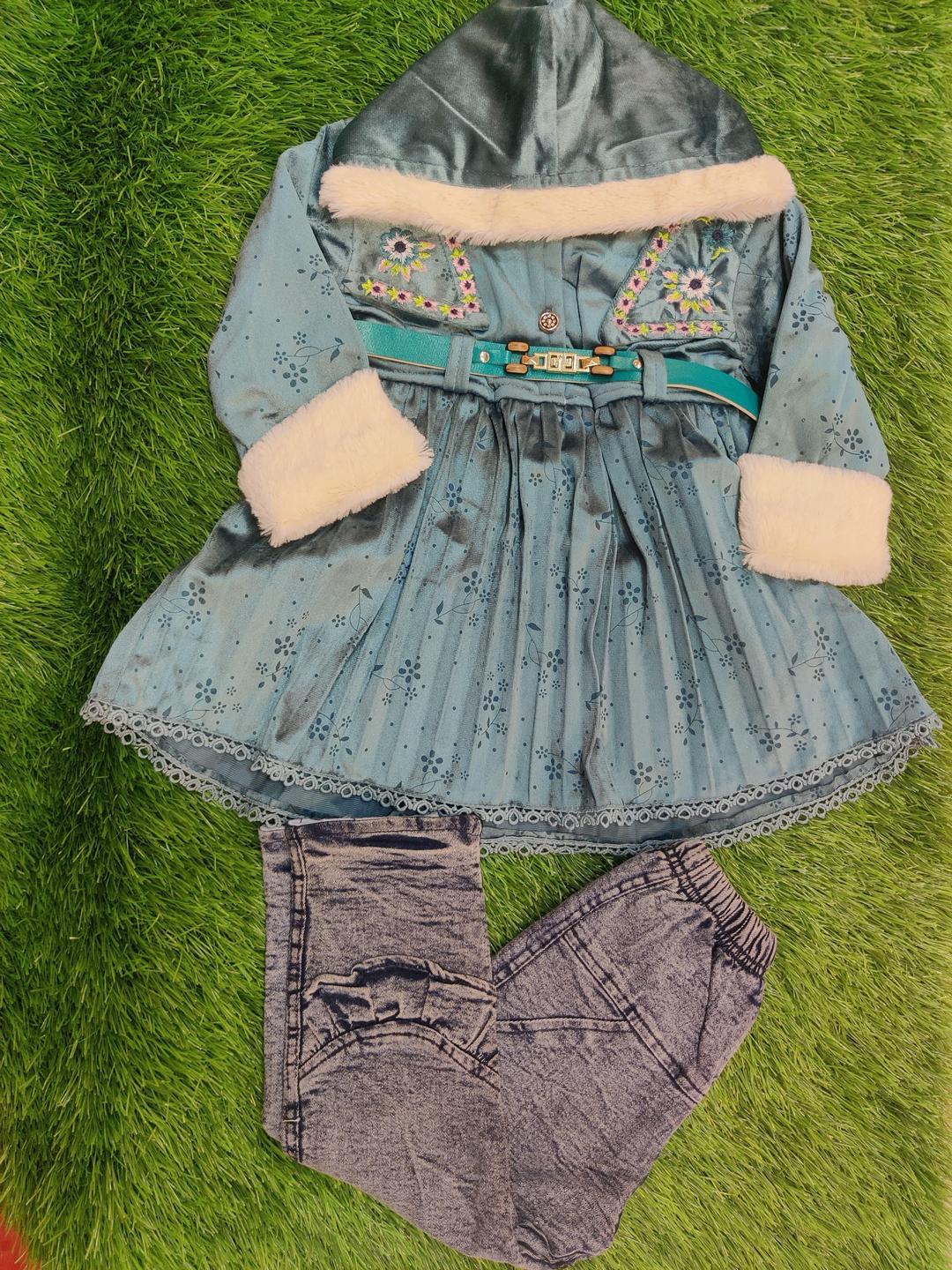 2 Pcs Girl's Velvet Printed Shirt And Trouser Suit