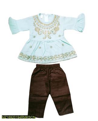 Baby Girl's Cotton Embroidered Frock And Trouser Set