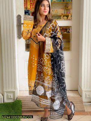 3 Pcs Women's Stitched Silk Embroidered Suit