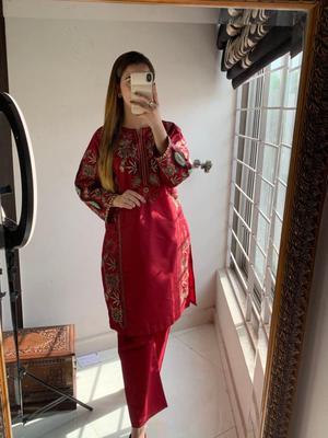 2 Pcs Women's Stitched Cotton Embroidered Shirt And Trouser