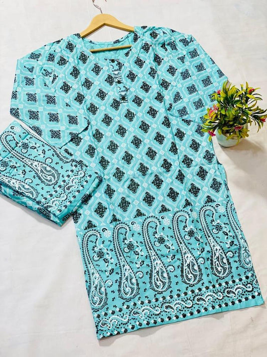 2 Pcs Women's Stitched Lawn Printed Suit