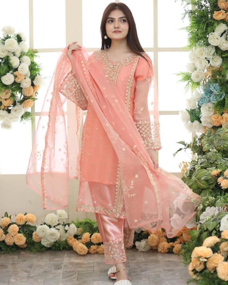 3 Pcs Women's Stitched Organza Embroidered Suit