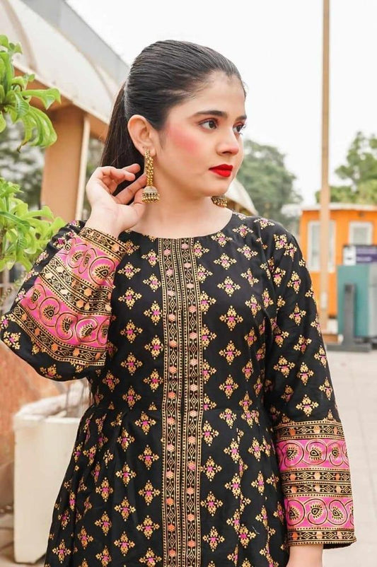 2 Pcs Women's Stitched Katan Silk Printed Suit