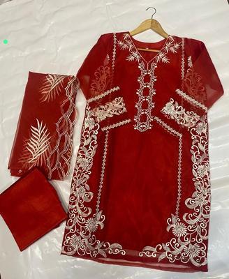 3 Pcs Women's Stitched Organza Embroidered Suit