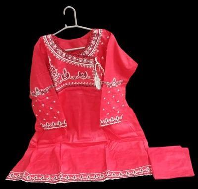 2 Pcs Women's Stitched Linen Chikankari Embroidered Frock And Trouser