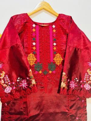 2 Pcs Women's Stitched Khaadi Silk Embroidered Suit