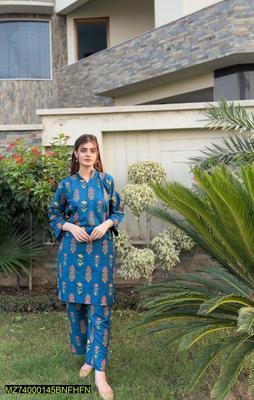 2 Pcs Women's Stitched Arabic Lawn Printed Shirt And Trouser