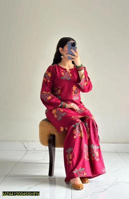 2 Pcs Women's Stitched Arabic Lawn Printed Shirt And Trouser