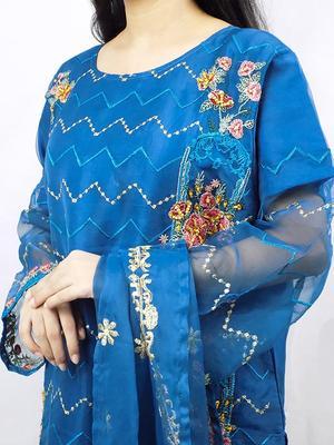 3 Pcs Women's Stitched Organza Embroidered Suit