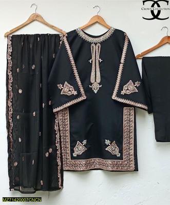 3 Pcs Women's Stitched Shamoz Silk Embroidered Shirt And Trouser