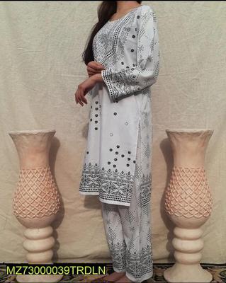 2 Pcs Women's Stitched Linen Printed Suit