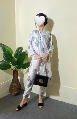 2 Pcs Women's Stitched Linen Block Printed Shirt And Trouser