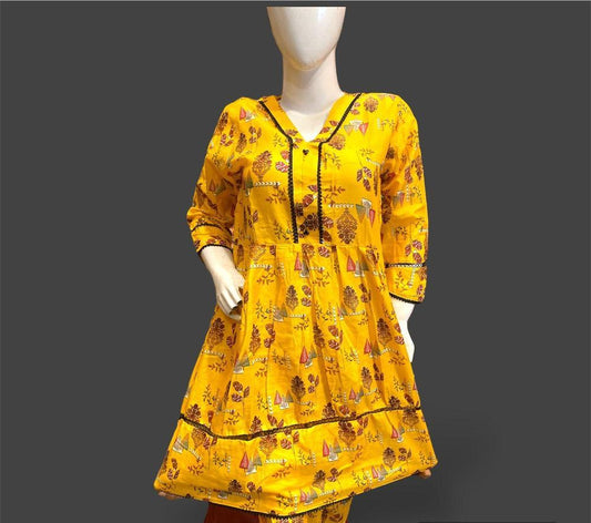 2 Pcs Women's Stitched Lawn Printed Frock And Trouser