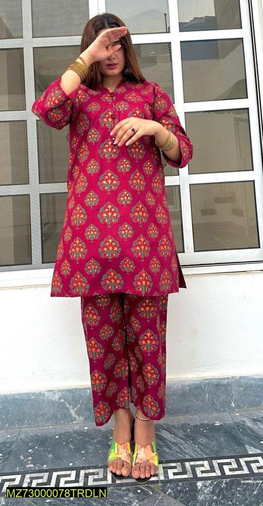 2 Pcs Women's Stitched Linen Printed Suit