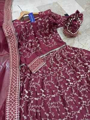 4 Pcs Women's Stitched Katan Silk Embroidered Lehenga Choli