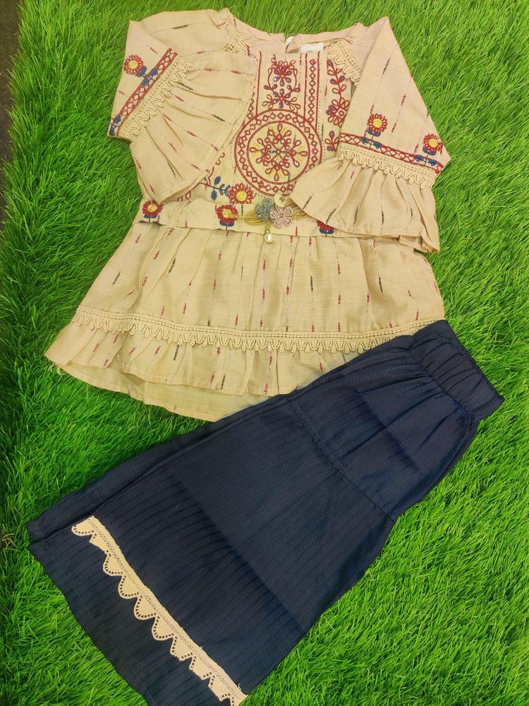 2 Pcs Girl's Cotton Lawn Embroidered Shirt And Trouser Suit